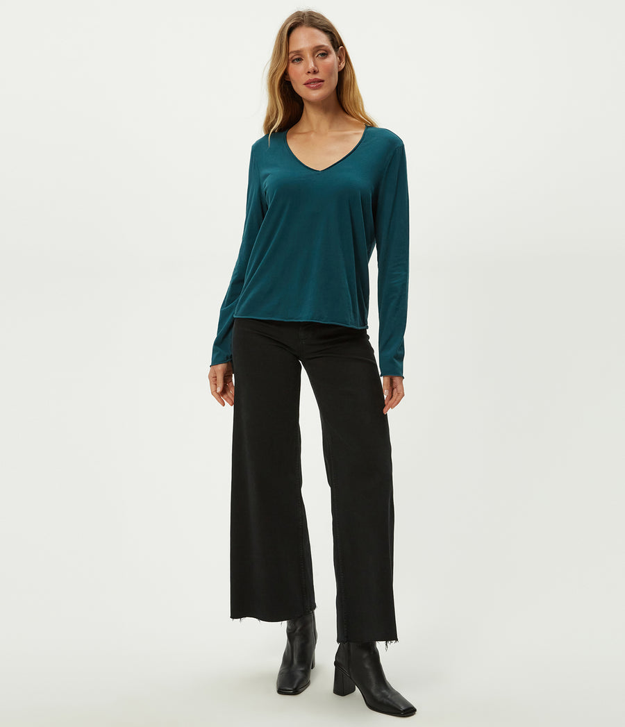 Kailee V-Neck Long Sleeve Tee in RAINFOREST BLUE Combo Full Body View #RAINFOREST