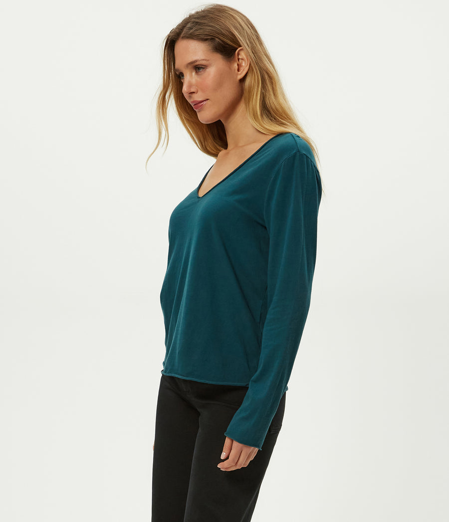 Kailee V-Neck Long Sleeve Tee in RAINFOREST BLUE Combo Side View #RAINFOREST