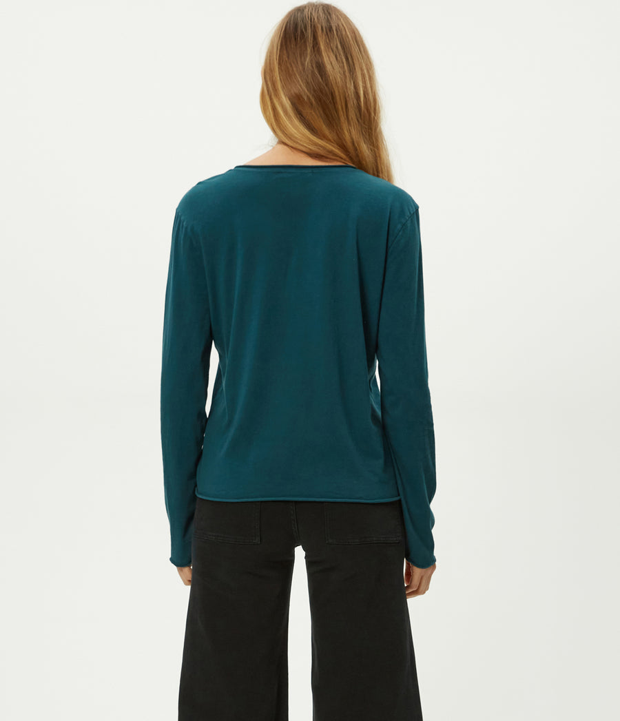 Kailee V-Neck Long Sleeve Tee in RAINFOREST BLUE Combo Back View #RAINFOREST