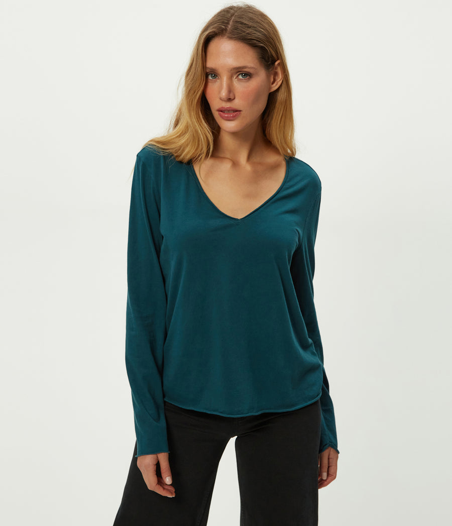 Kailee V-Neck Long Sleeve Tee in RAINFOREST BLUE Combo Close up View #RAINFOREST