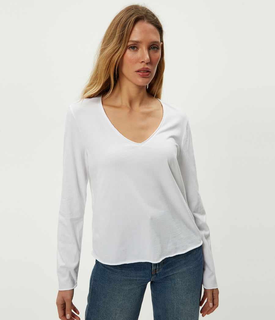 Kailee V-Neck Long Sleeve Tee in White Close up View #WHITE