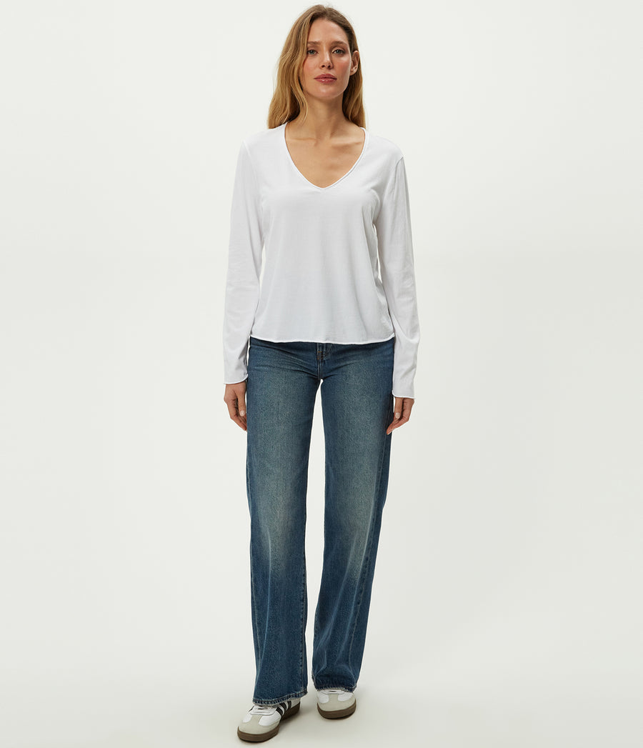 Kailee V-Neck Long Sleeve Tee in White Full Body View #WHITE