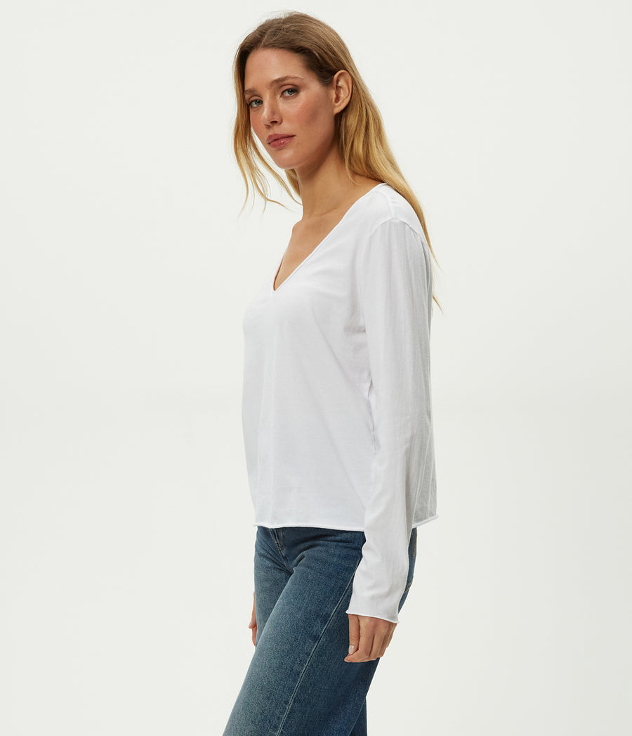 Kailee V-Neck Long Sleeve Tee in White Side View #WHITE