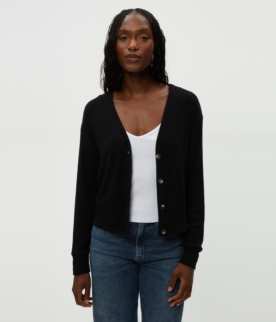 Isla V-Neck Ribbed Cardigan in Black  Close Up View #BLACK