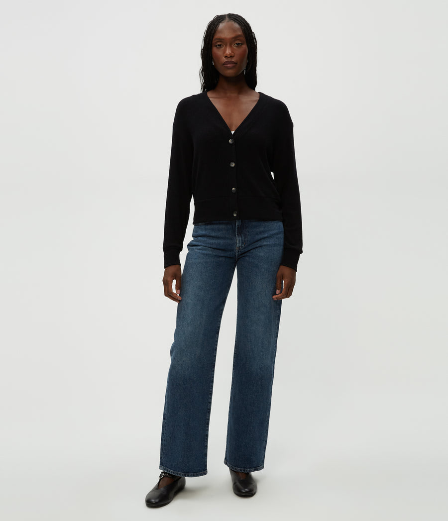 Isla V-Neck Ribbed Cardigan in Black  Full Body View #BLACK