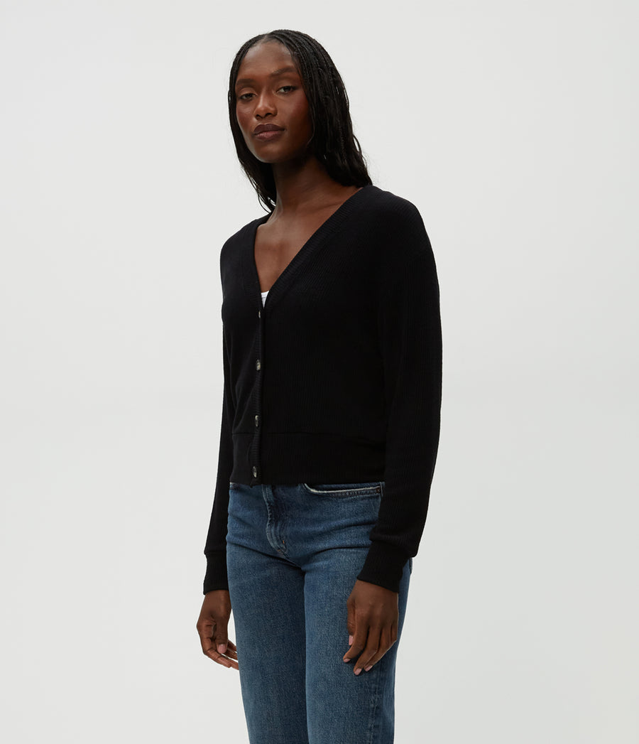 Isla V-Neck Ribbed Cardigan in Black  Side View #BLACK