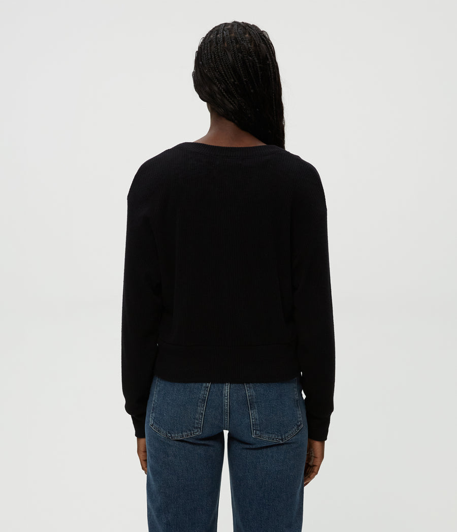 Isla V-Neck Ribbed Cardigan in Black  Back View #BLACK