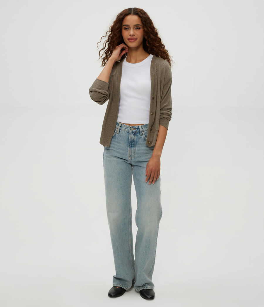 Isla V-Neck Ribbed Cardigan in Cobblestone Brown Full Body View #COBBLESTONE