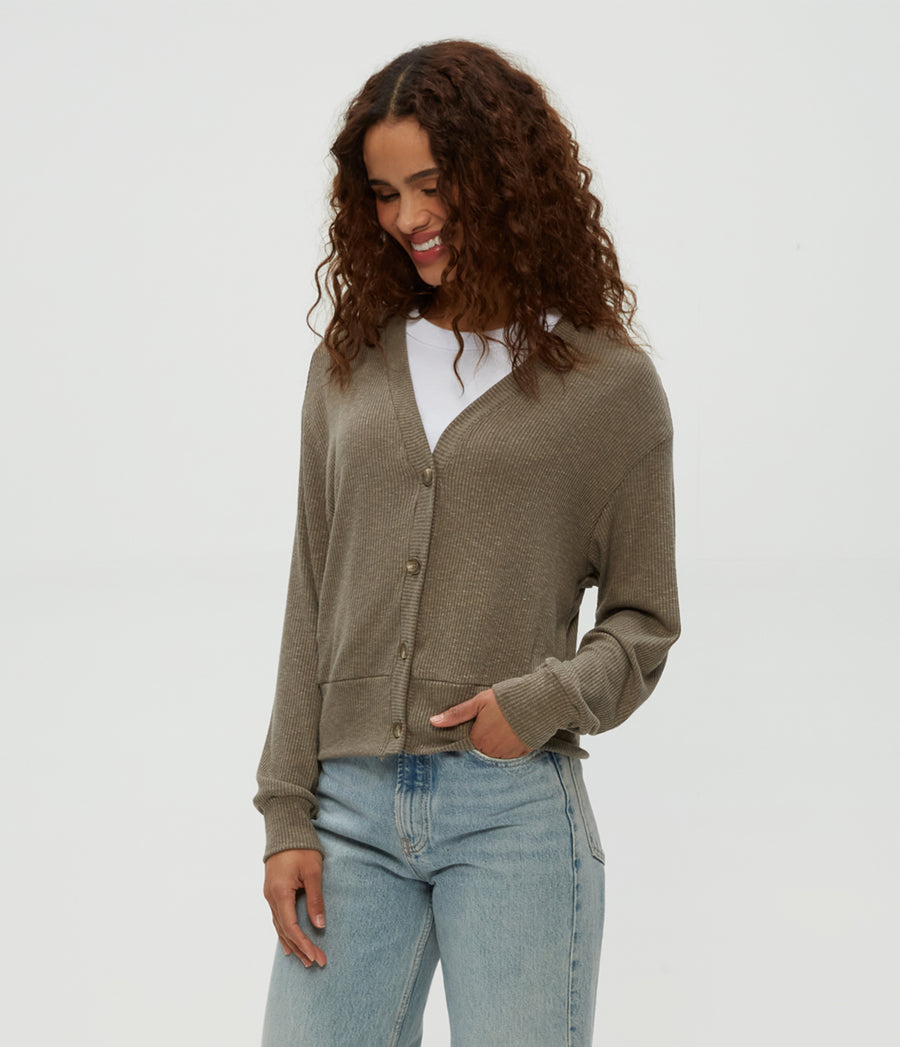 Isla V-Neck Ribbed Cardigan in Cobblestone Brown Side View #COBBLESTONE
