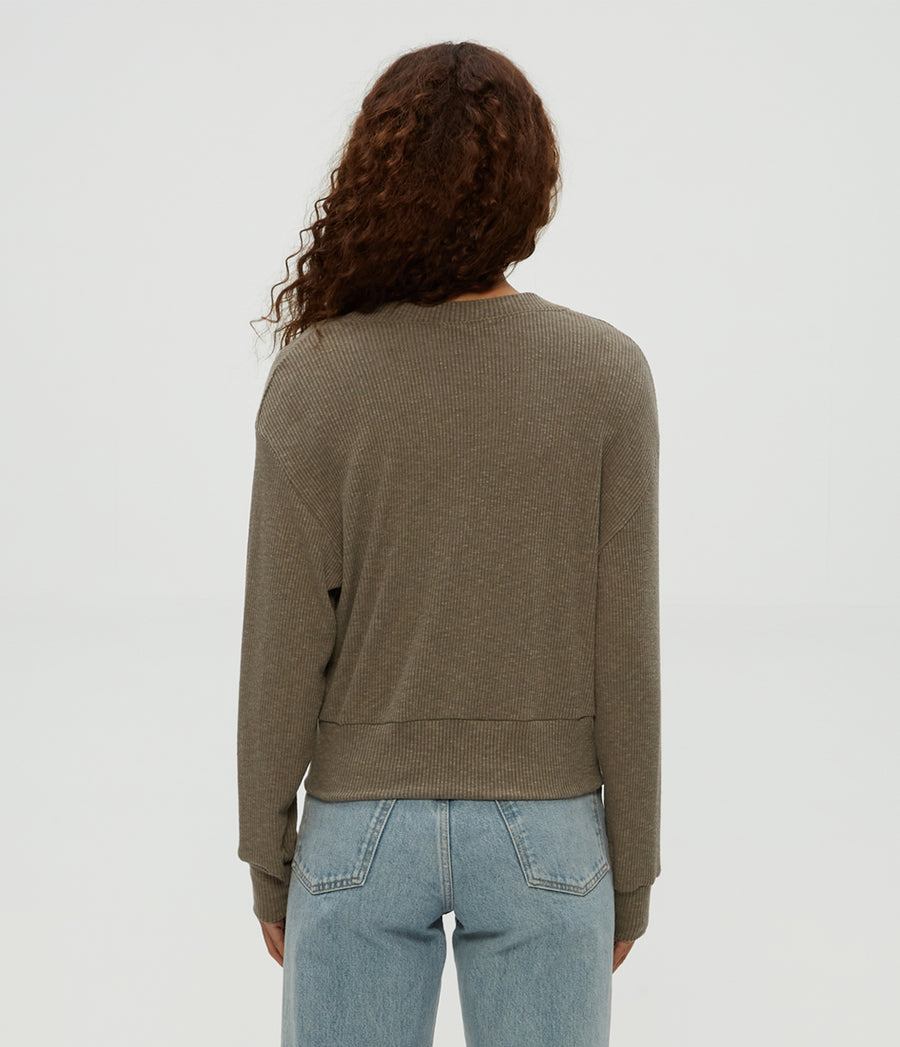 Isla V-Neck Ribbed Cardigan in Cobblestone Brown Back View #COBBLESTONE