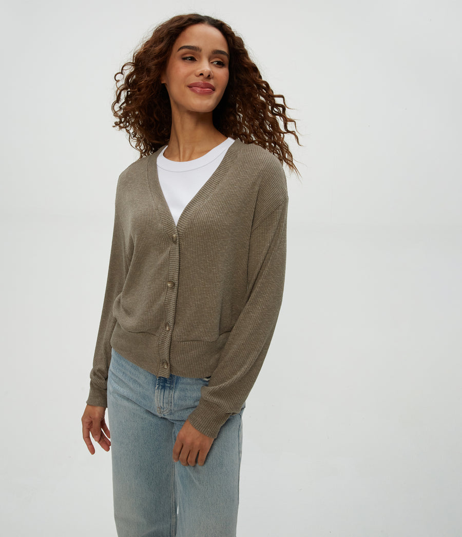 Isla V-Neck Ribbed Cardigan in Cobblestone Brown Unknown View #COBBLESTONE
