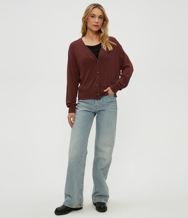 Isla V-Neck Ribbed Cardigan in ESPRESSO Brown Full Body View #ESPRESSO