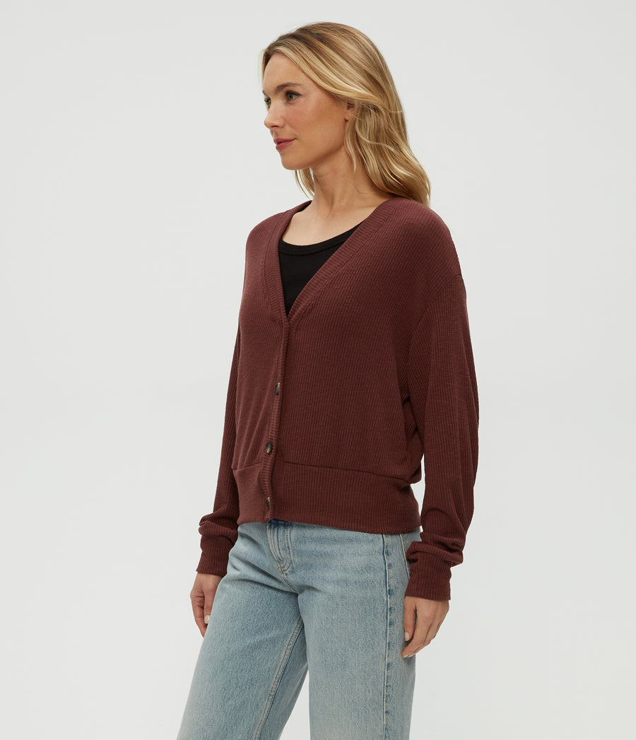 Isla V-Neck Ribbed Cardigan in ESPRESSO Brown Side View #ESPRESSO