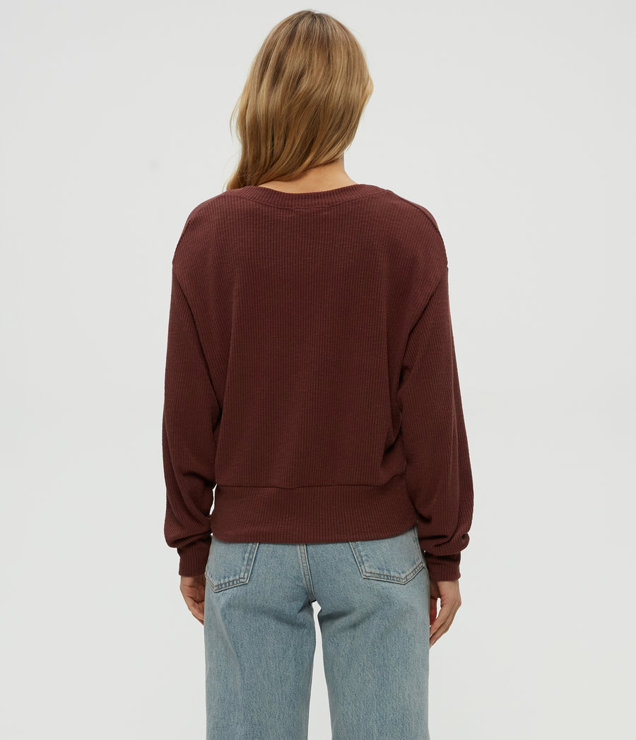 Isla V-Neck Ribbed Cardigan in ESPRESSO Brown Back View #ESPRESSO