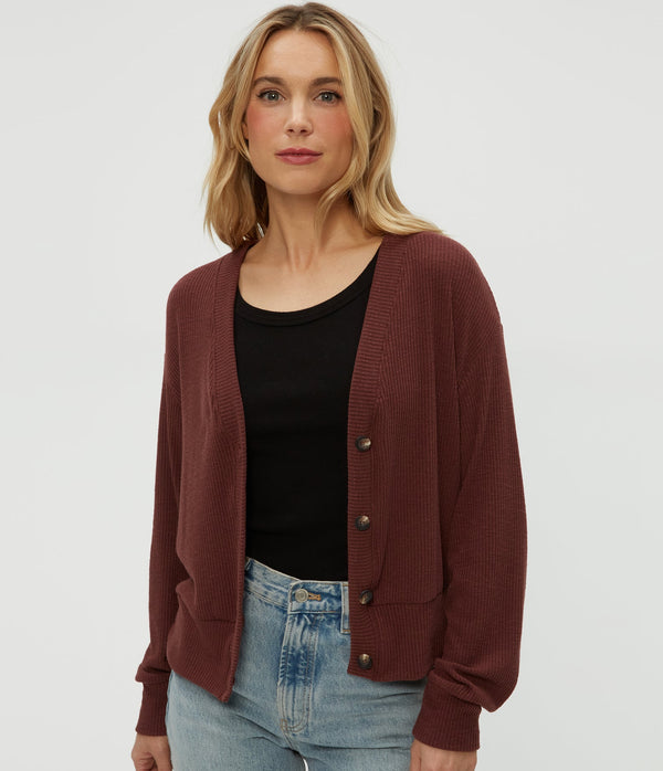 Isla V-Neck Ribbed Cardigan in ESPRESSO Brown Close Up View #ESPRESSO