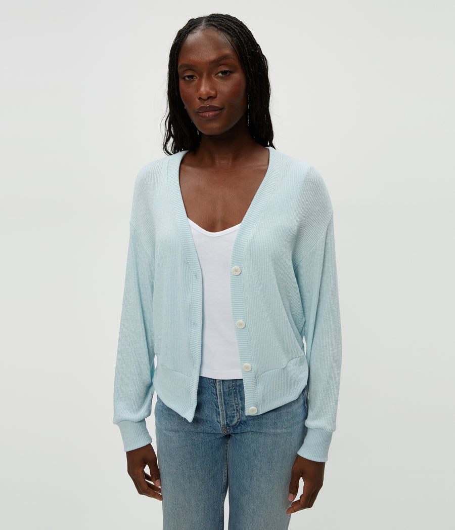 Isla V-Neck Ribbed Cardigan in Fountain Blue Close Up View #FOUNTAIN