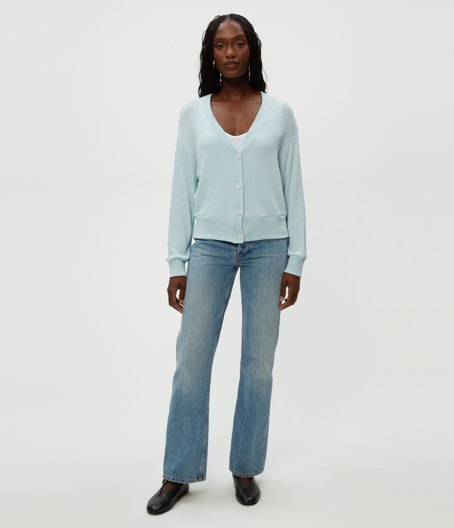 Isla V-Neck Ribbed Cardigan in Fountain Blue Full Body View #FOUNTAIN