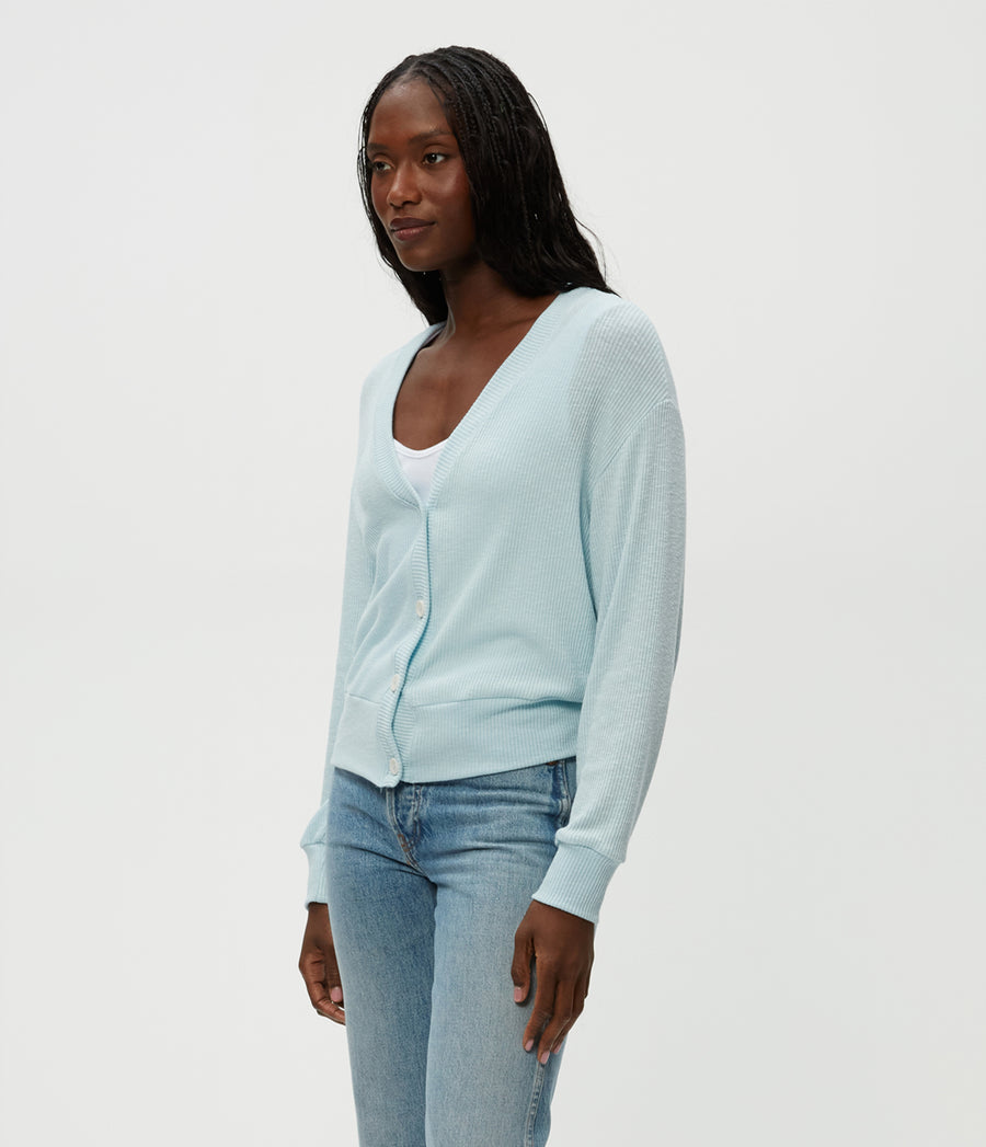 Isla V-Neck Ribbed Cardigan in Fountain Blue Side View #FOUNTAIN