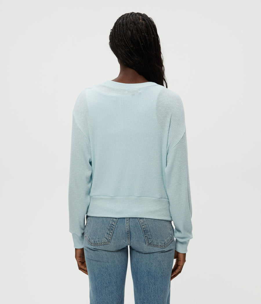 Isla V-Neck Ribbed Cardigan in Fountain Blue Back View #FOUNTAIN