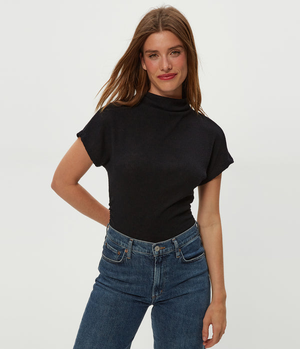 Lara Ribbed Mock Neck Top in Black Close up View #BLACK