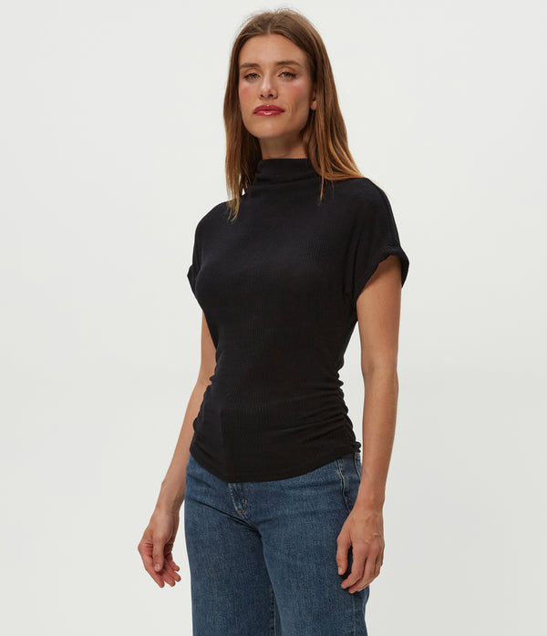 Lara Ribbed Mock Neck Top in Black Full Body View #BLACK