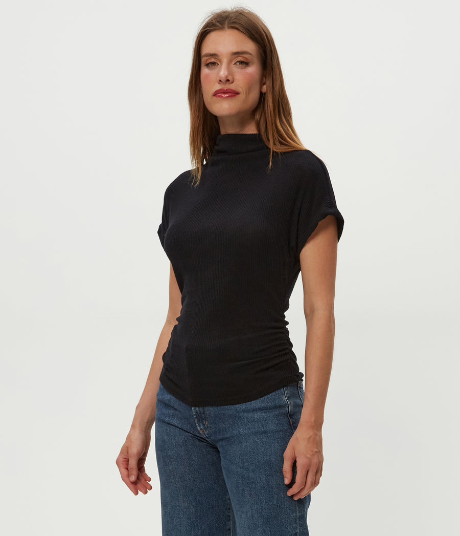 Lara Ribbed Mock Neck Top in Black Full Body View #BLACK