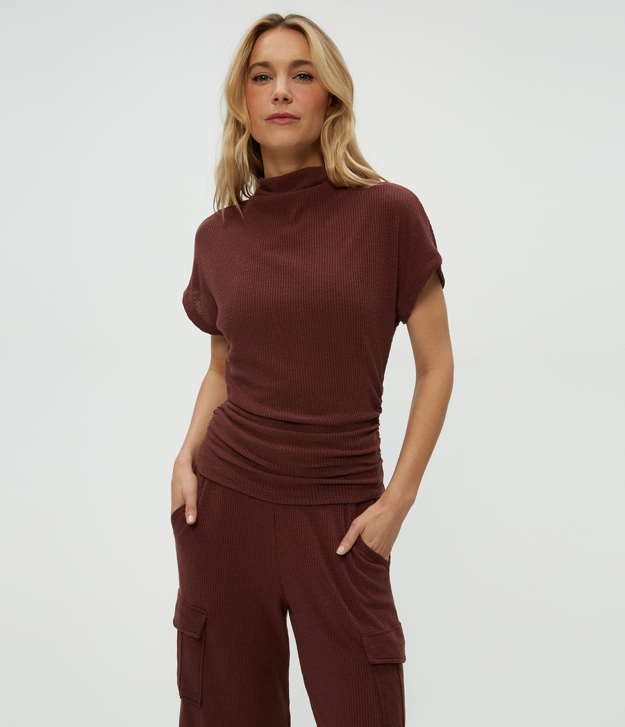 Lara Ribbed Mock Neck Top in ESPRESSO Brown Close Up View #ESPRESSO