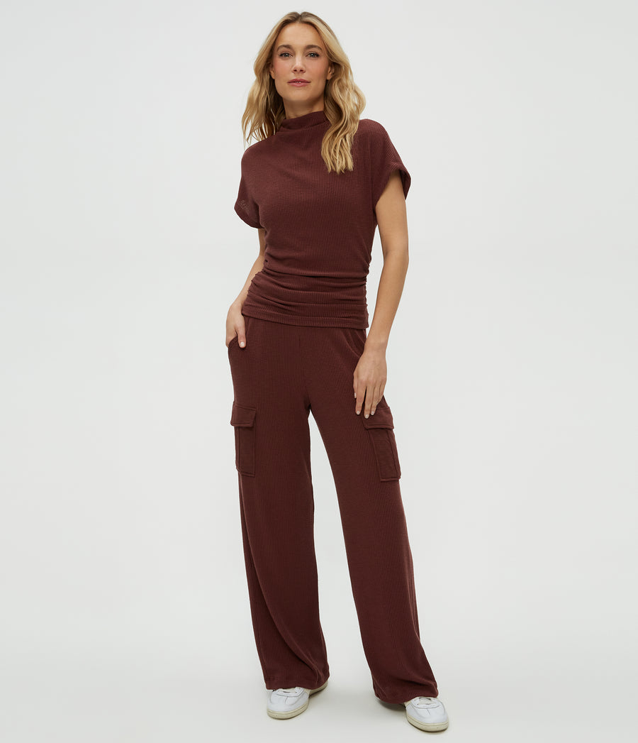 Lara Ribbed Mock Neck Top in ESPRESSO Brown Full Body View #ESPRESSO