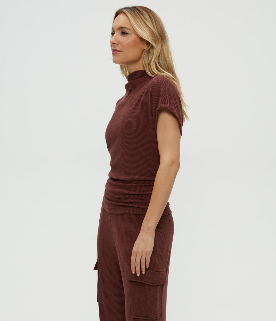 Lara Ribbed Mock Neck Top in ESPRESSO Brown Side View #ESPRESSO