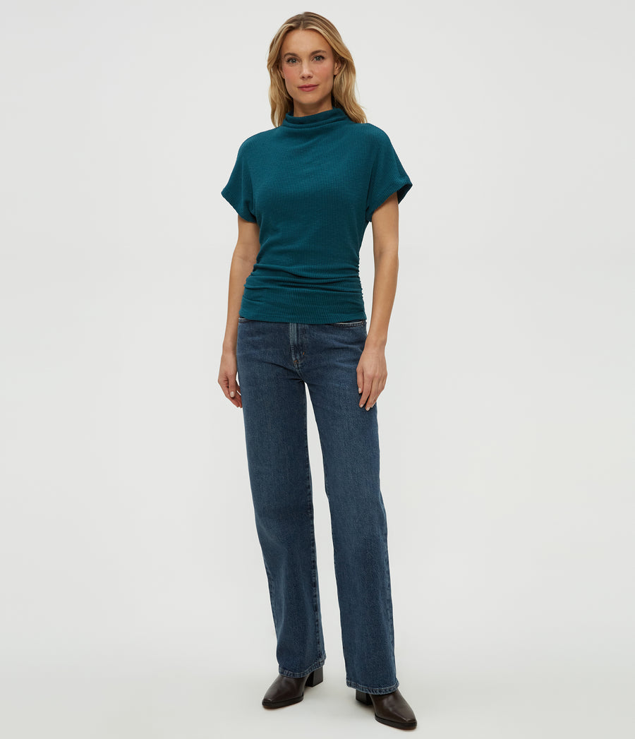 Lara Ribbed Mock Neck Top in RAINFOREST BLUE Combo Full Body View #RAINFOREST