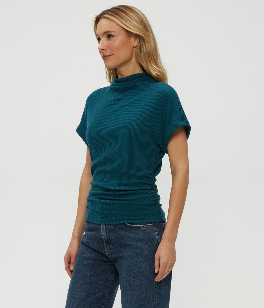Lara Ribbed Mock Neck Top in RAINFOREST BLUE Combo Side View #RAINFOREST