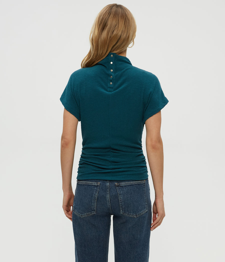 Lara Ribbed Mock Neck Top in RAINFOREST BLUE Combo Back View #RAINFOREST