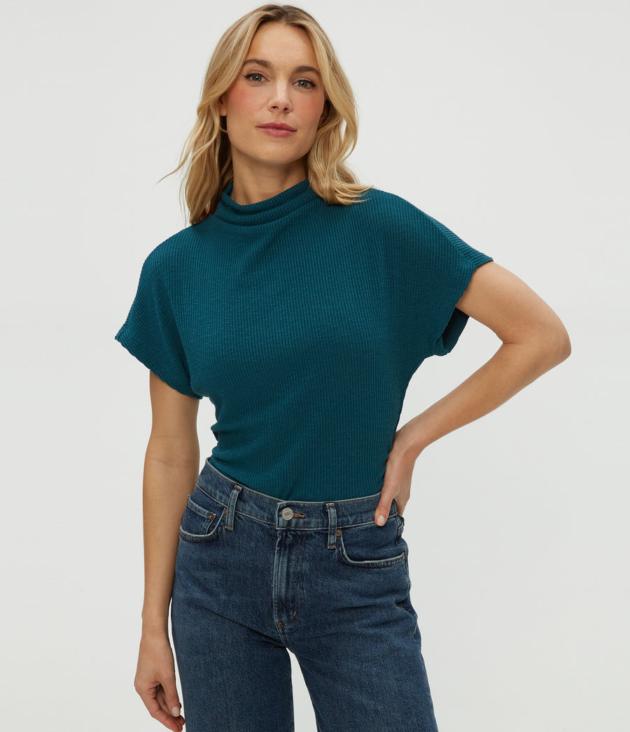 Lara Ribbed Mock Neck Top in RAINFOREST BLUE Combo Close up View #RAINFOREST