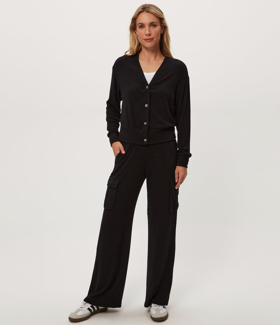 Avery Ribbed Cargo Pant in Black Close up View #BLACK