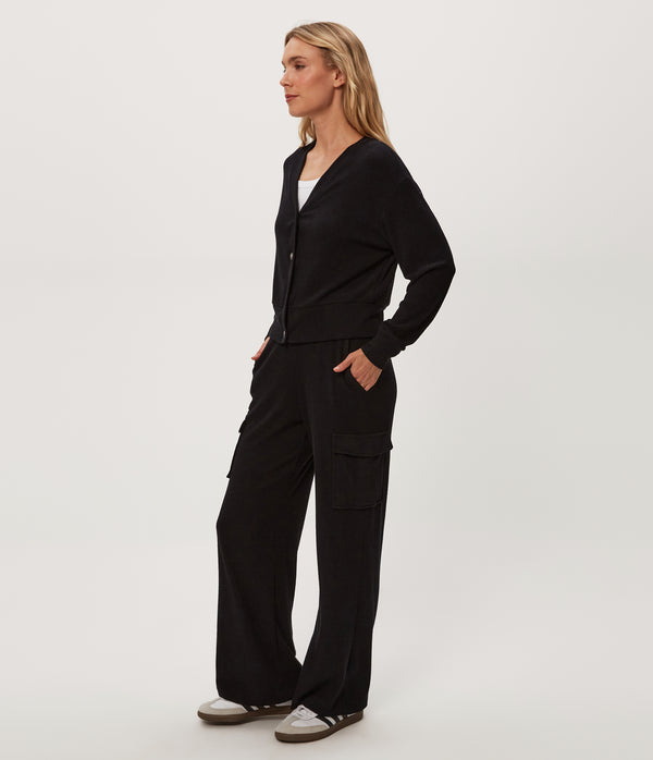 Avery Ribbed Cargo Pant in Black Side View #BLACK