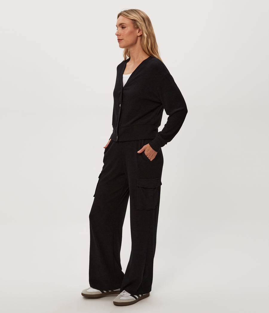 Avery Ribbed Cargo Pant in Black Side View #BLACK