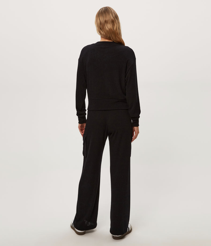 Avery Ribbed Cargo Pant in Black Back View #BLACK