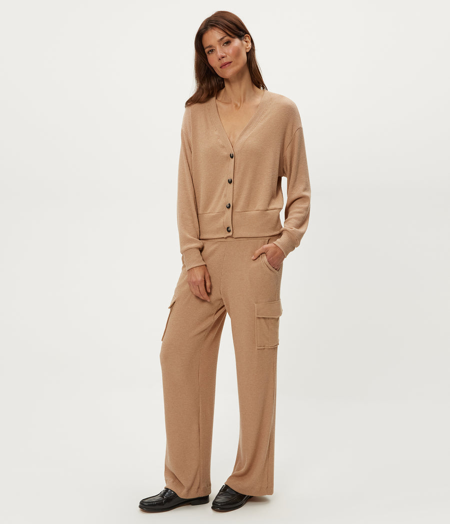 Avery Ribbed Cargo Pant in Cumin Brown Close Up View #CUMIN