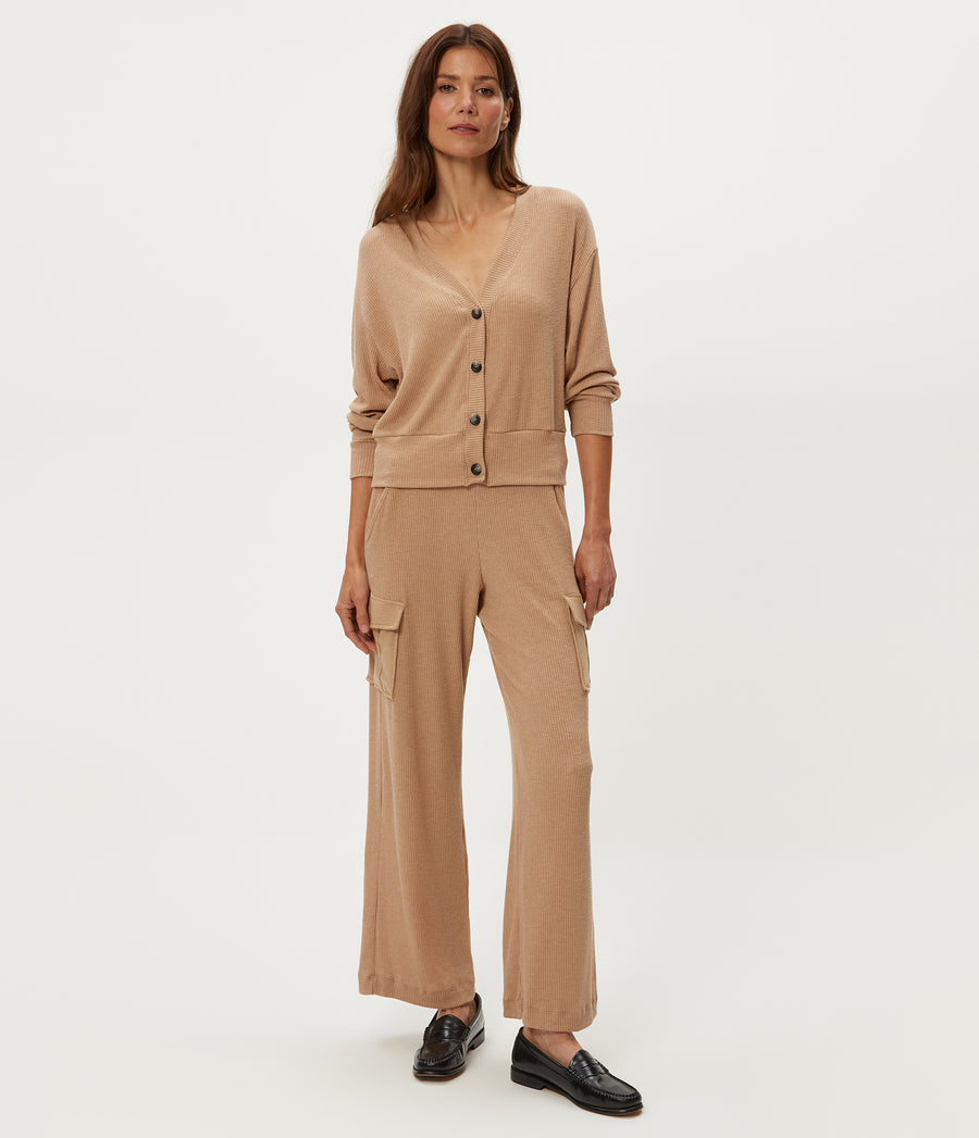 Avery Ribbed Cargo Pant in Cumin Brown Full Body View #CUMIN