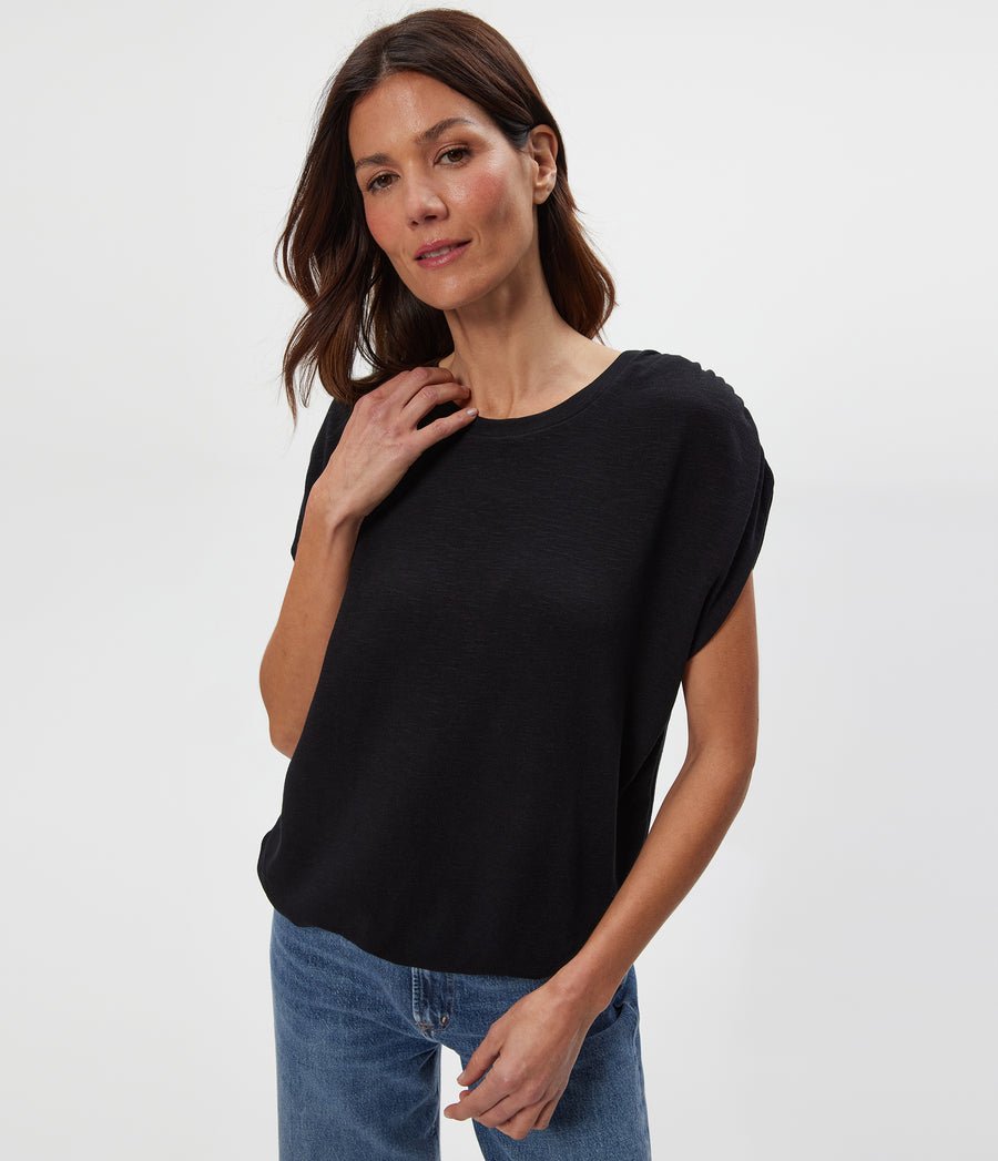 Sharon Shirred Bubble Top in Black Close up View #BLACK
