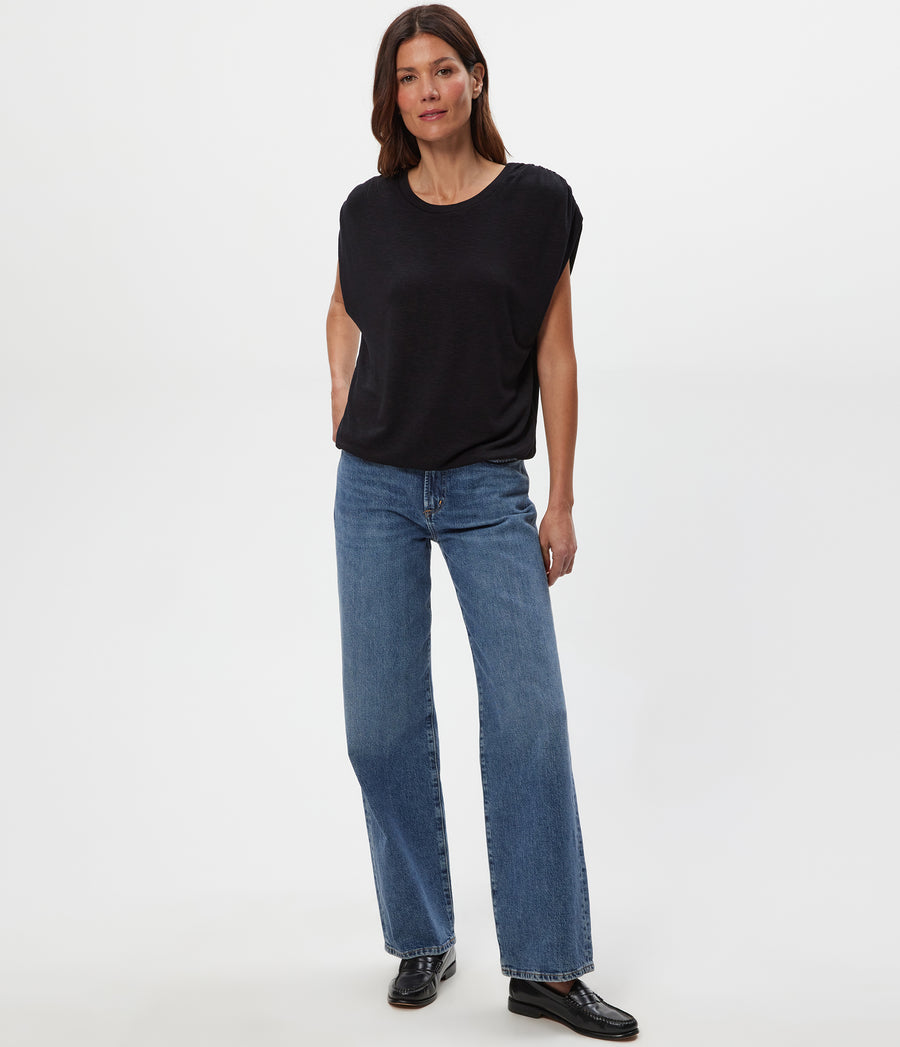 Sharon Shirred Bubble Top in Black Full Body View #BLACK