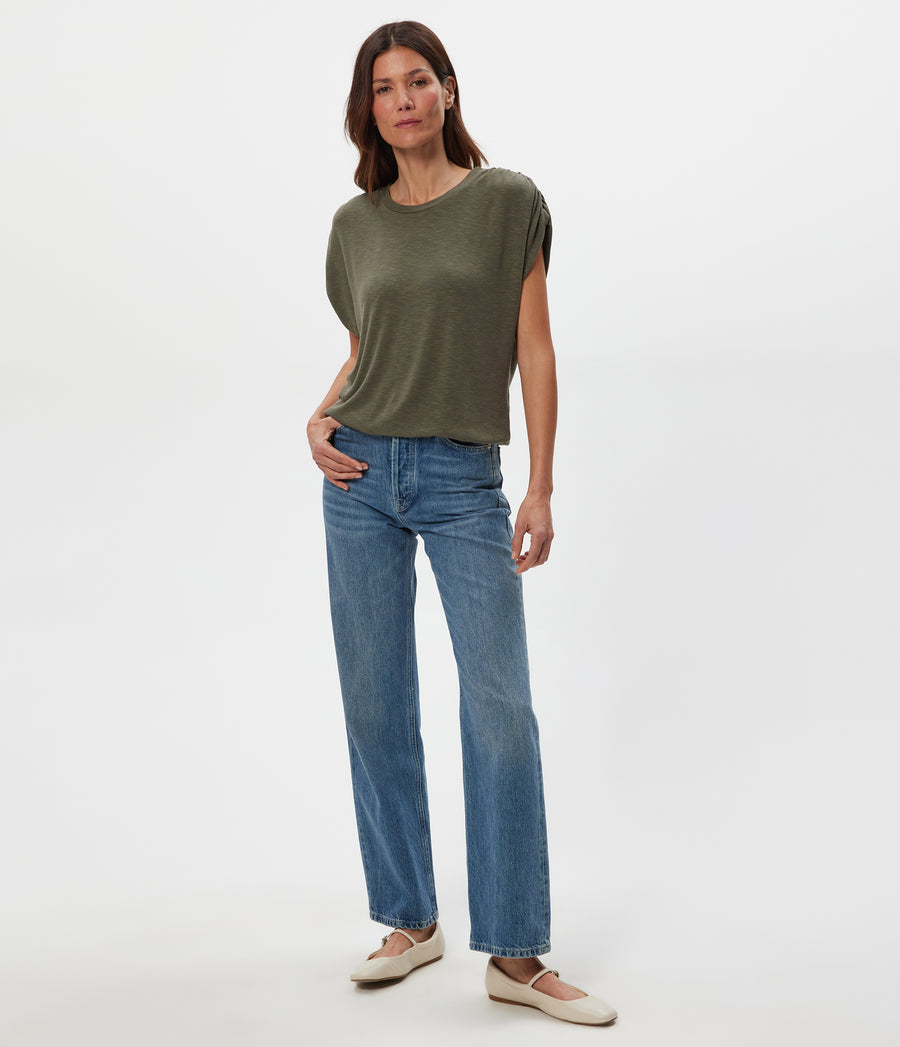 Sharon Shirred Bubble Top in CAPER Green Full Body View #CAPER