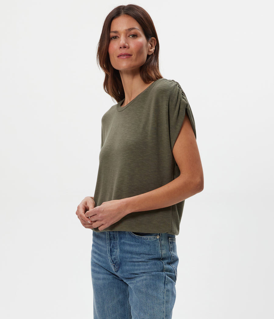 Sharon Shirred Bubble Top in CAPER  Green Side View #CAPER
