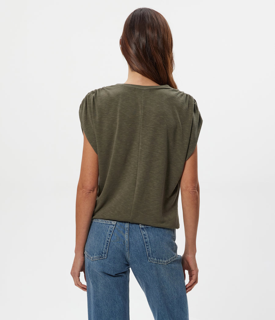 Sharon Shirred Bubble Top in CAPER Green Back View #CAPER