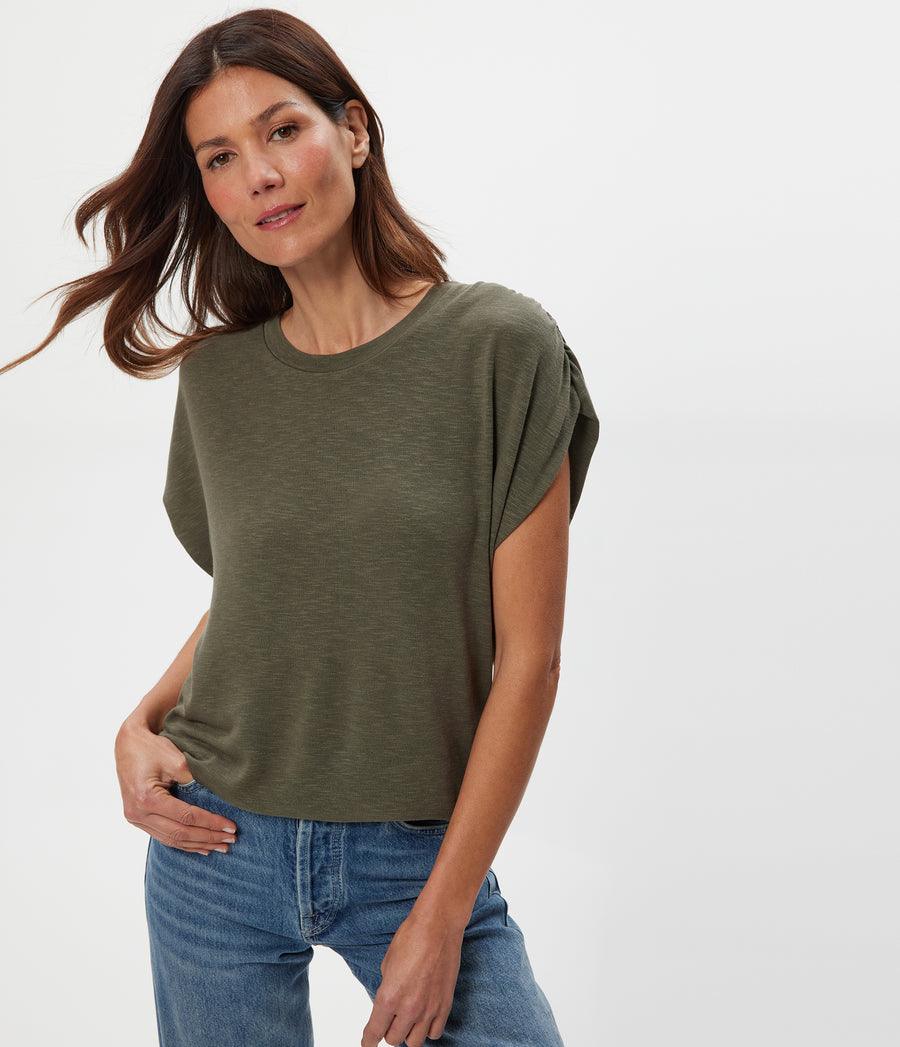 Sharon Shirred Bubble Top in CAPER  Green Close Up View #CAPER