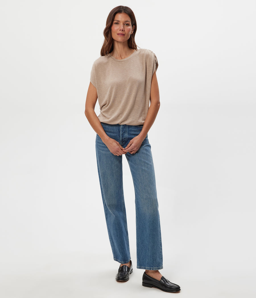 Sharon Shirred Bubble Top in  MACADAMIA Beige Full Body View #MACADAMIA