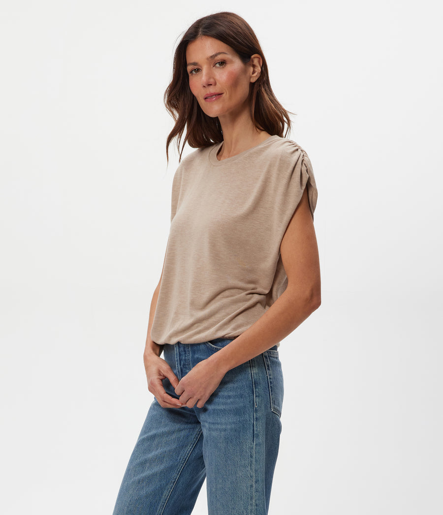 Sharon Shirred Bubble Top in  MACADAMIA Beige Side View #MACADAMIA