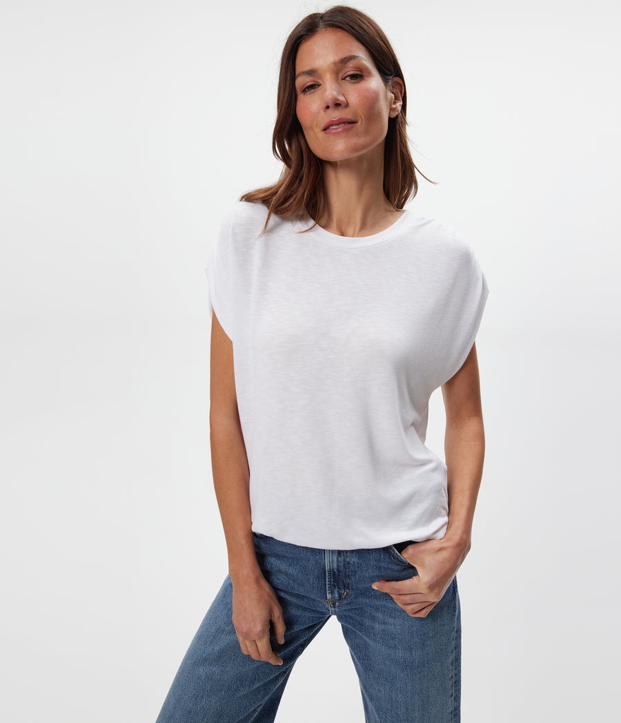 Sharon Shirred Bubble Top in White Full Body View #WHITE