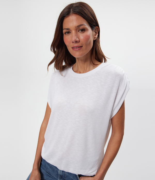 Sharon Shirred Bubble Top in White Close up View #WHITE