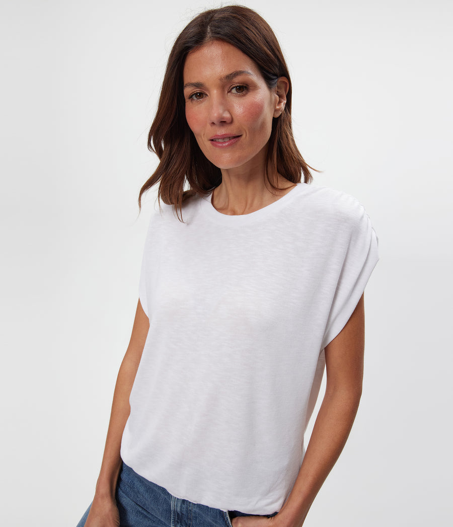Sharon Shirred Bubble Top in White Close up View #WHITE